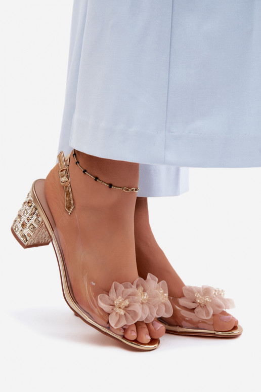 Durchsichtige Sandalen mit Absatz, funkelnden Ösen und Blumenmotiven D&A MR61-9009 goldfarben