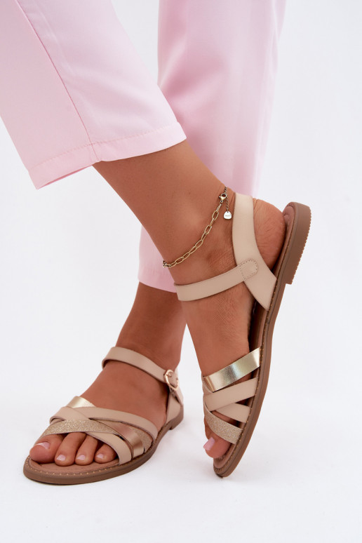 Flache Sandalen für Damenmit GlanzoZuym Streifenem Beige Haden