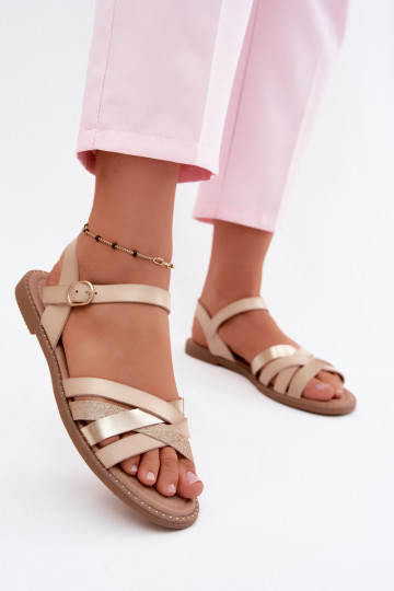 Flache Sandalen für Damenmit GlanzoZuym Streifenem Beige Haden 2