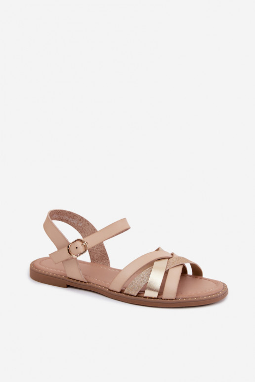 Flache Damensandalen mit Glanz und Riemen in Sandfarbe Haden