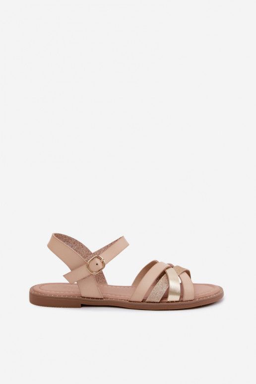 Flache Damensandalen mit Glanz und Riemen in Sandfarbe Haden