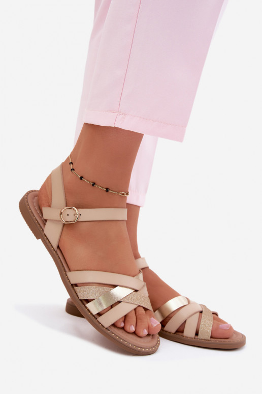 Flache Sandalen für Damenmit GlanzoZuym Streifenem Beige Haden