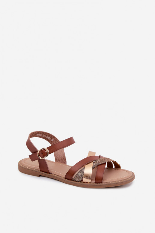 Flache Damensandalen mit Glanz und Riemen in Braun Haden