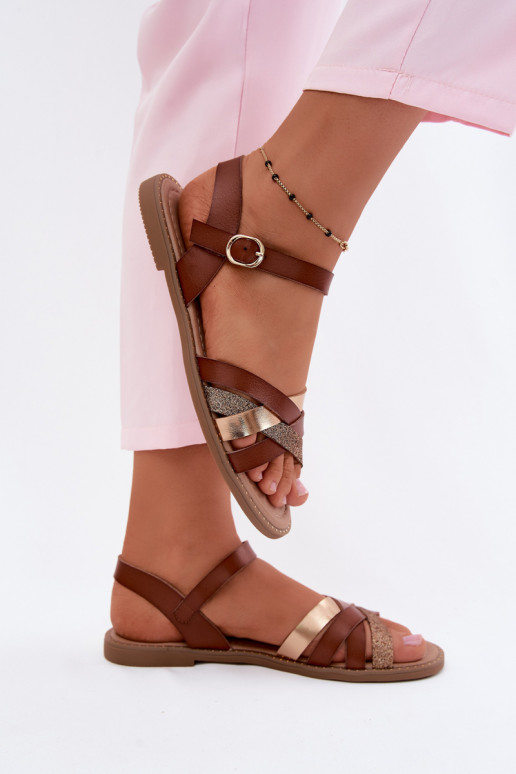 Flache Sandalen für Damenmit GlanzoZuym Streifenem braune Farbe Haden