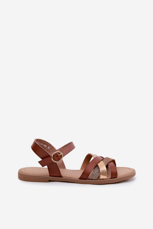 Flache Damensandalen mit Glanz und Riemen in Braun Haden