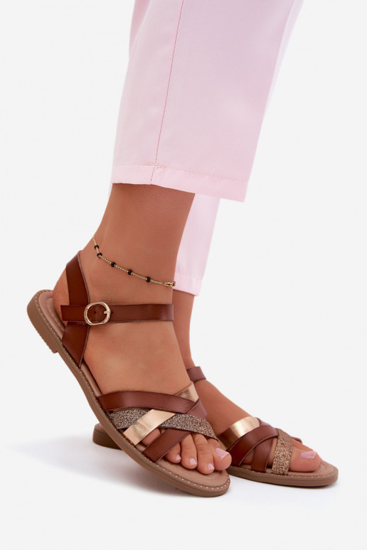 Flache Damensandalen mit Glanz und Riemen in Braun Haden