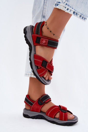 Damen-Sandalen aus Kunstveloursleder mit Klettverschlüssen in roter Farbe Blingy