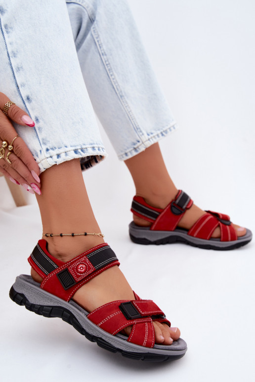 Damen-Sandalen aus Kunstveloursleder mit Klettverschlüssen in roter Farbe Blingy