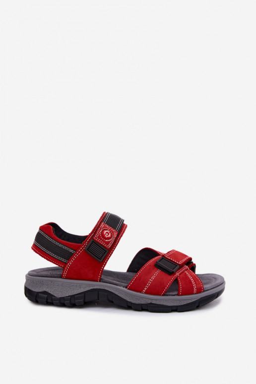 Damen-Sandalen aus Kunstveloursleder mit Klettverschlüssen in roter Farbe Blingy
