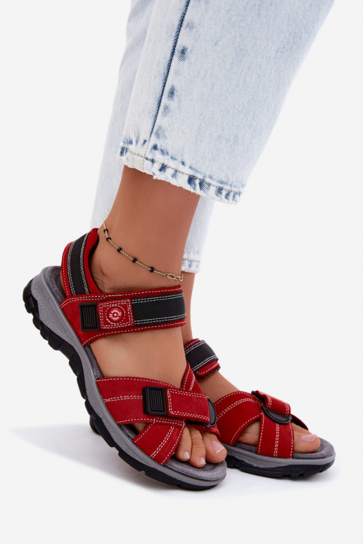 Damen-Sandalen aus Kunstveloursleder mit Klettverschlüssen in roter Farbe Blingy