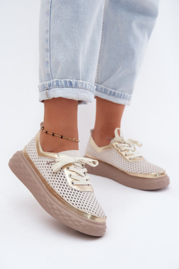 Haut aus INildleder Schuhe Feminin mit einer Plattform mit durchbrochenen Elementen Beige Lessa 2