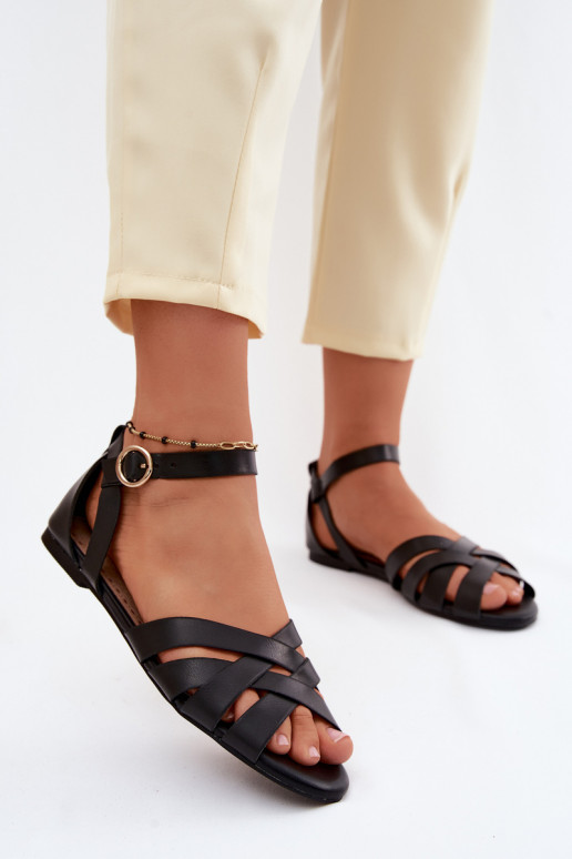 Flache Sandalen für Damen mit Streifen Eko Haut schZuarze Farbe Lagos