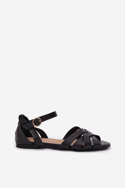 Flache Sandalen für Damen mit Streifen Eko Haut schZuarze Farbe Lagos