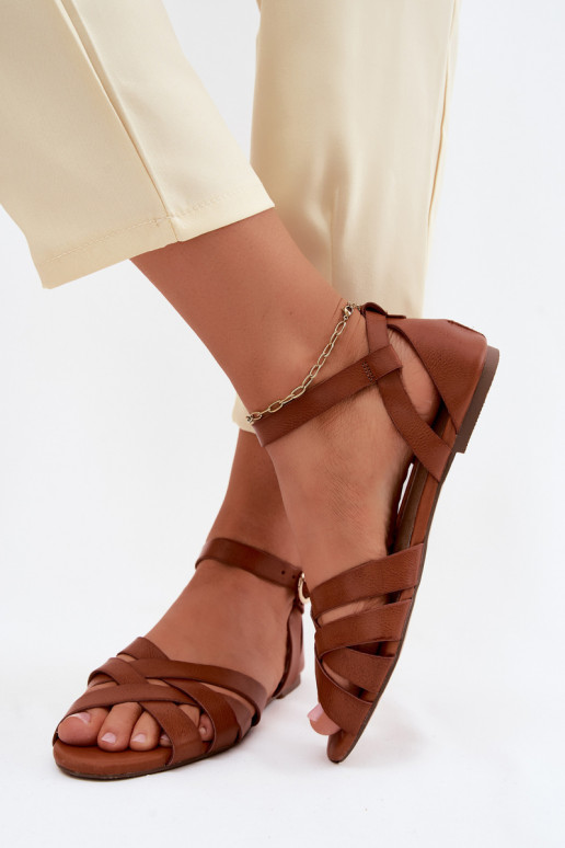 Flache Sandalen für Damen mit Streifen Eko Haut braune Farbe Lagos