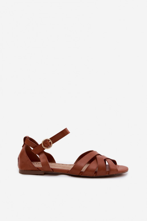 Flache Sandalen für Damen mit Streifen Eko Haut braune Farbe Lagos