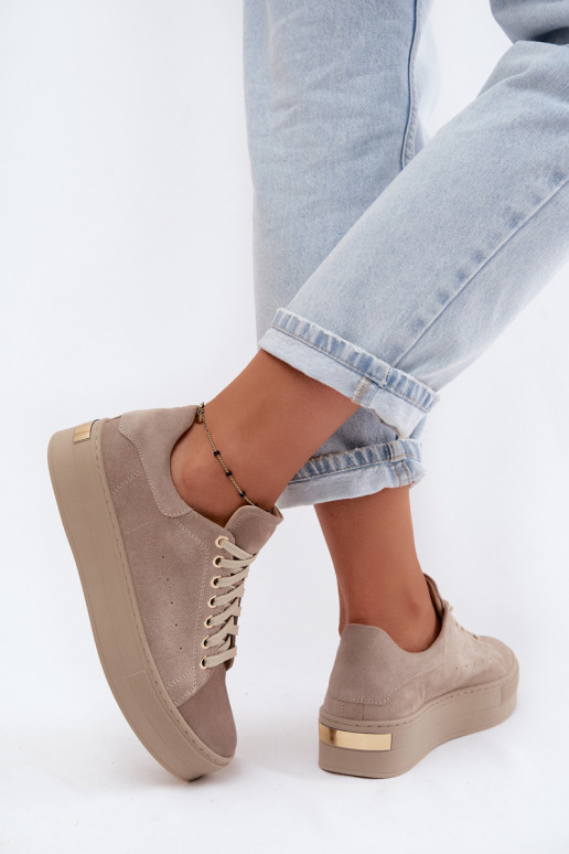 Haut aus INildleder Sneakers Stilvollllschuhe Feminin mit einer Plattform Zazoo N408S7 Beige