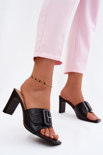 Damen-Pantoletten mit Absatz, Ornamenten und Schnallen in Schwarz Vinceza 22-20159 2