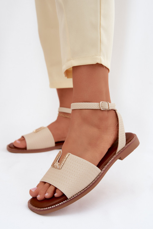 Flache Sandalen für Damen mit goldenen Details in Sandfarbe Vinceza 73505