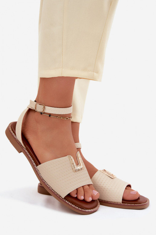 Flache Sandalen für Damen mit goldenen Details in Sandfarbe Vinceza 73505