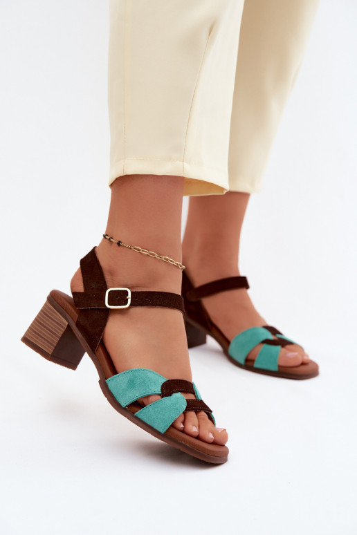 Türkis-braune Wildleder-Damensandalen mit Absatz