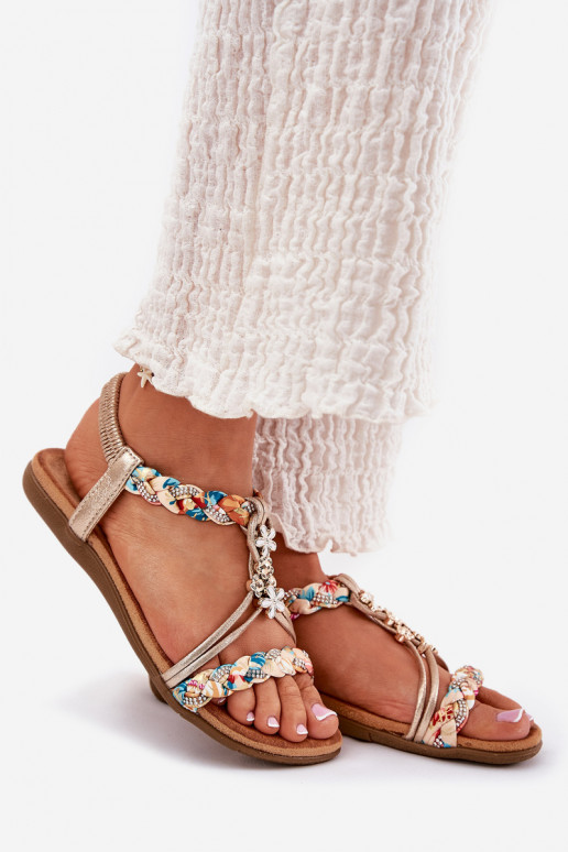 Flache Damen Sandalen mit geflochtenen Riemen in Gold Artiker 54C1323