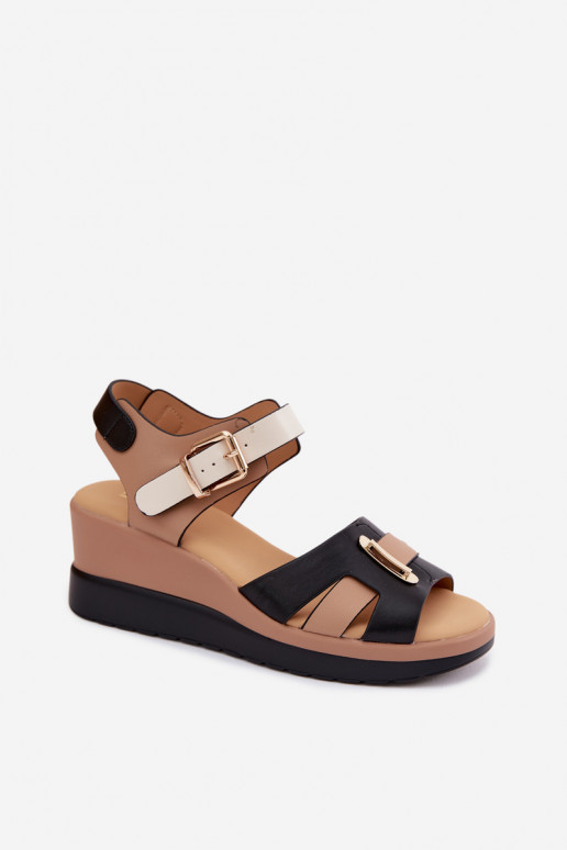 Sandfarben-schwarze Damen Sandalen mit Plattform und Riemen Artiker 58C0316