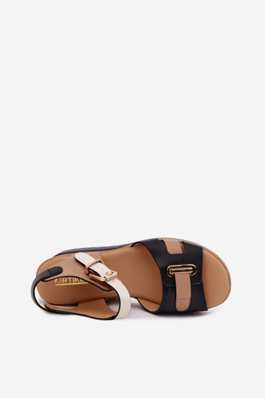 Sandfarben-schwarze Damen Sandalen mit Plattform und Riemen Artiker 58C0316