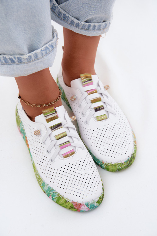 Leder Schuhe mit gemusterter Plattform Artiker 58C0441 weiß und grün