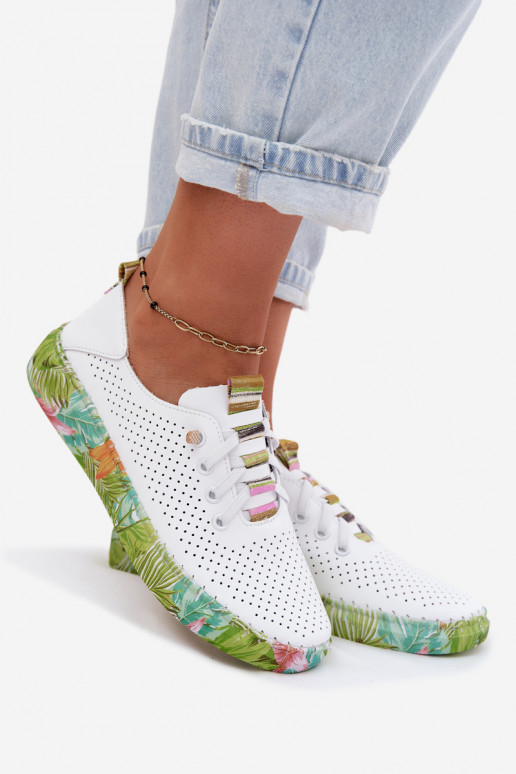 Leder Schuhe mit gemusterter Plattform Artiker 58C0441 weiß und grün
