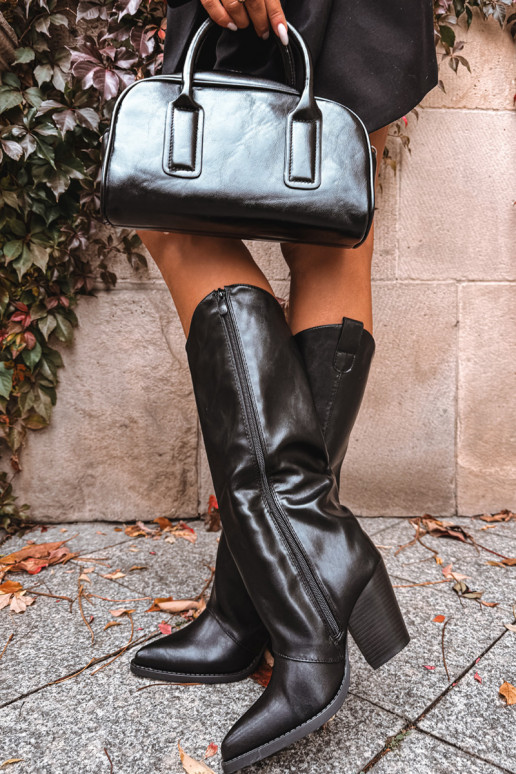 Schwarze lange Cowboy-Stiefel mit Absätzen aus Kunstleder Tai turivine