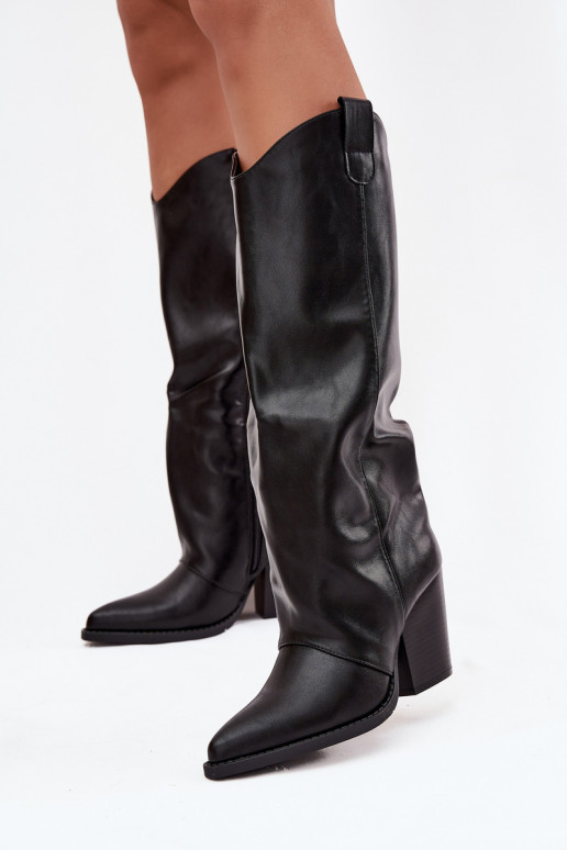 Schwarze lange Cowboy-Stiefel mit Absätzen aus Kunstleder Tai turivine