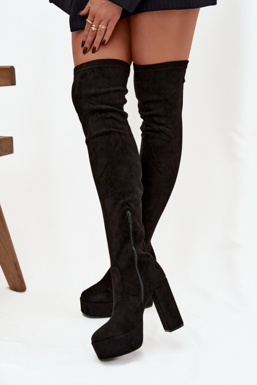 Schwarze lange Stiefel aus Kunstveloursleder mit Absätzen Amareen