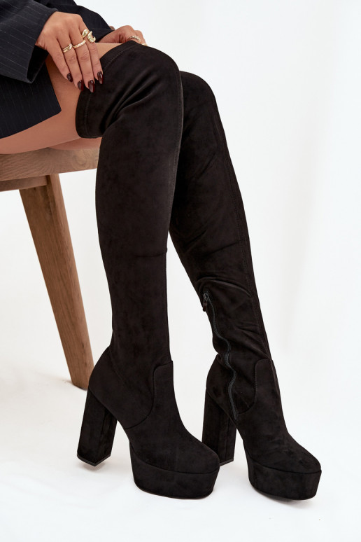Schwarze lange Stiefel aus Kunstveloursleder mit Absätzen Amareen