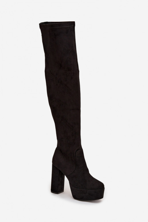 Schwarze lange Stiefel aus Kunstveloursleder mit Absätzen Amareen
