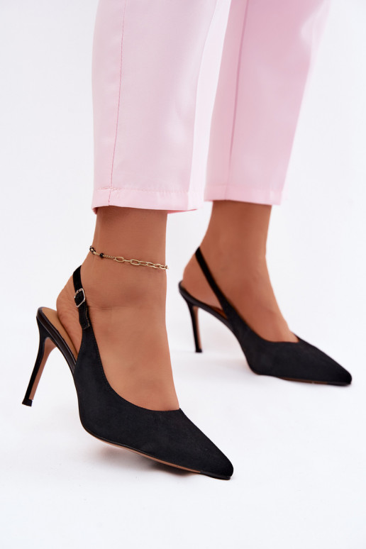 Damen-Sandalen mit dünnen Absätzen aus schwarzem Kunstveloursleder Kandy