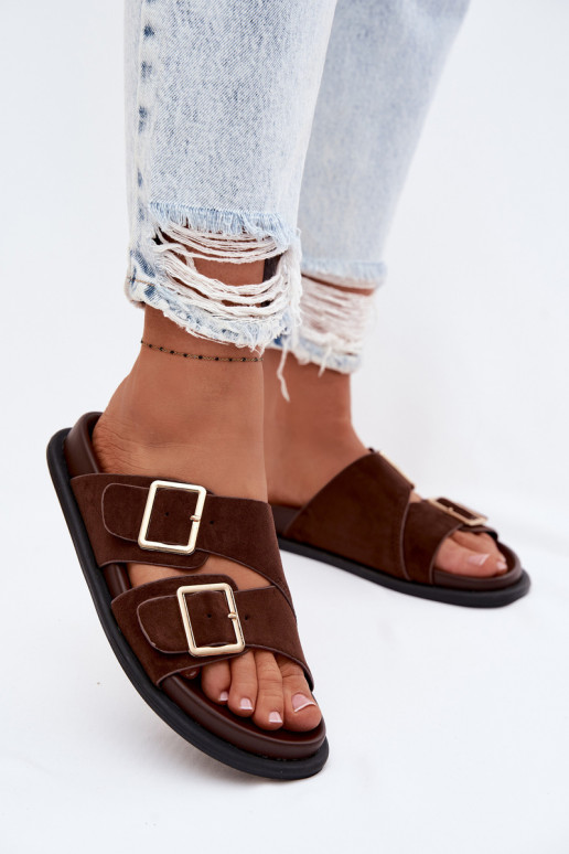 Damen Schokoladenfarbene Slipper aus Kunstvelours mit goldfarbenen Schnallen Selissea