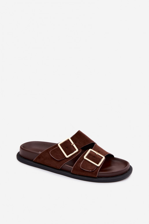 Damen Schokoladenfarbene Slipper aus Kunstvelours mit goldfarbenen Schnallen Selissea