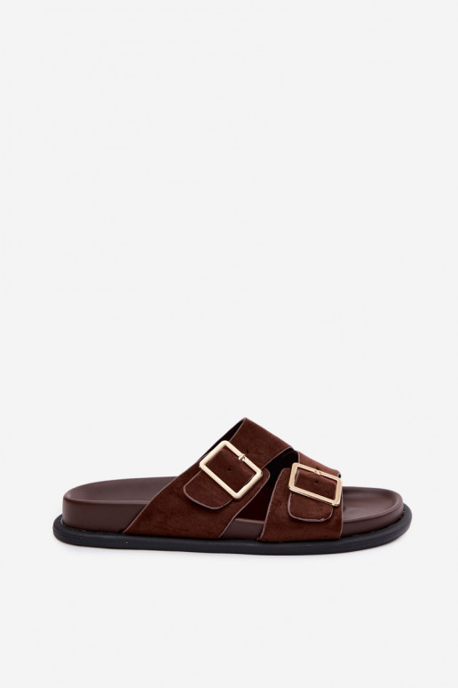 Damen Schokoladenfarbene Slipper aus Kunstvelours mit goldfarbenen Schnallen Selissea