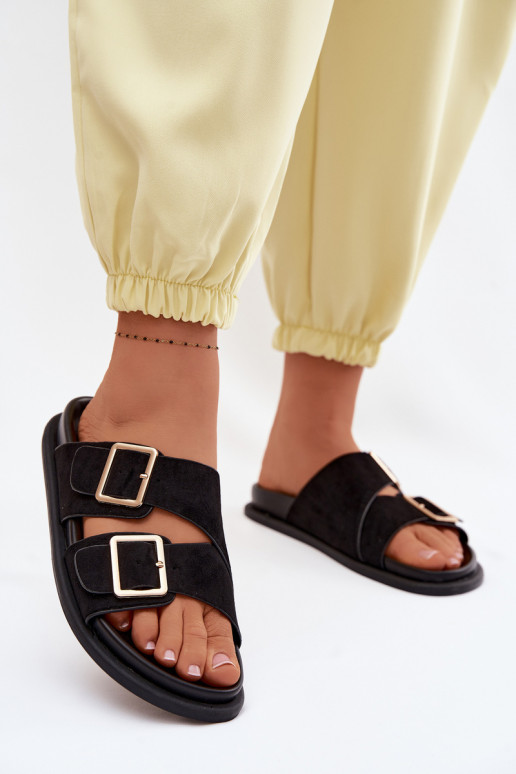 Schwarze Kunstveloursleder-Slipper mit goldenen Schnallen Selissea
