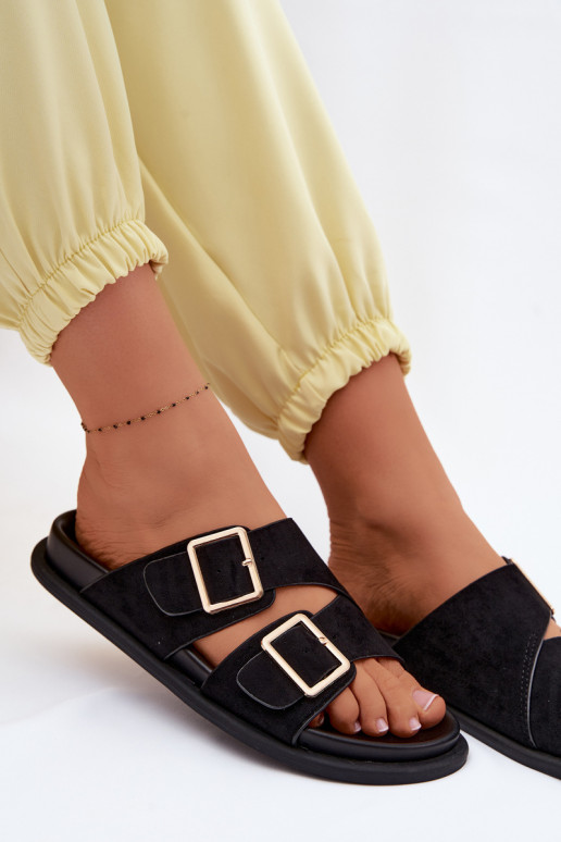 Schwarze Kunstveloursleder-Slipper mit goldenen Schnallen Selissea