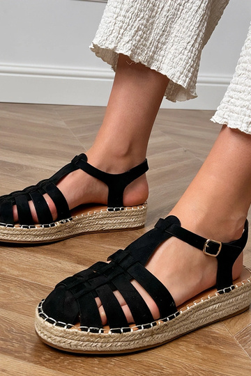 Schwarze Kunstveloursleder Espadrilles Gladiatorsandalen Talejda
