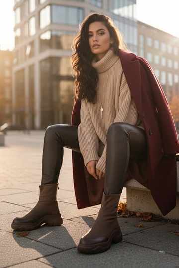 Braune Stiefeletten aus Kunstveloursleder mit dicker Sohle Alana 2