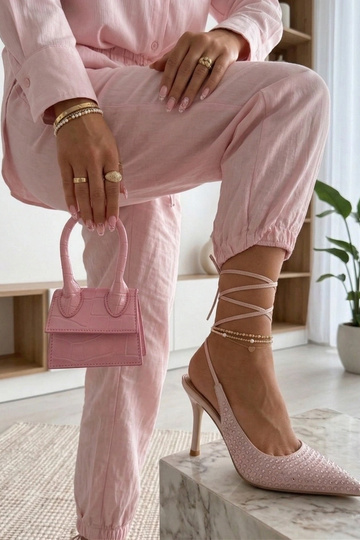 Rosa High Heels mit offener Zehe, verziert mit Strasssteinen Edith 2