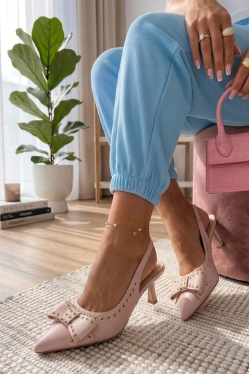 Rosa High Heels mit offener Ferse, verziert mit einem Band Evangeline 2