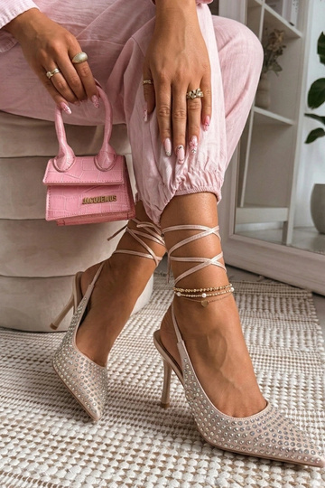 Sandfarbene High Heels mit offener Ferse, verziert mit Strasssteinen Edith 2