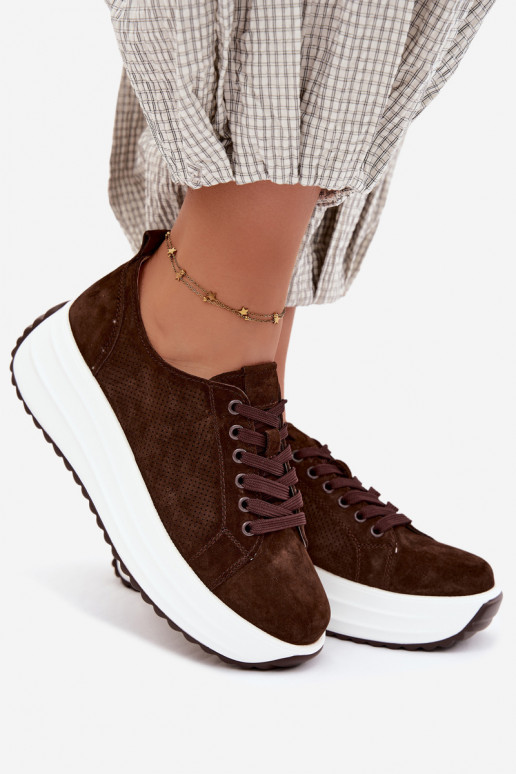 Schokoladenfarbene Damensneaker aus Kunstveloursleder mit Plattform Inaya