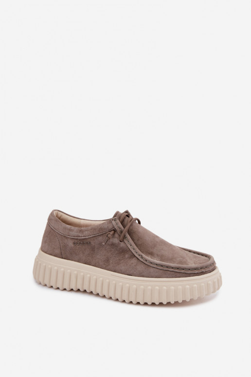 Lehmfarbene Damenschuhe aus Kunstveloursleder mit Plattform Jamila