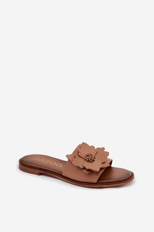 Lederpantoletten für Damen mit Ornamenten Zazoo 40477 in Cappuccino-Farbe