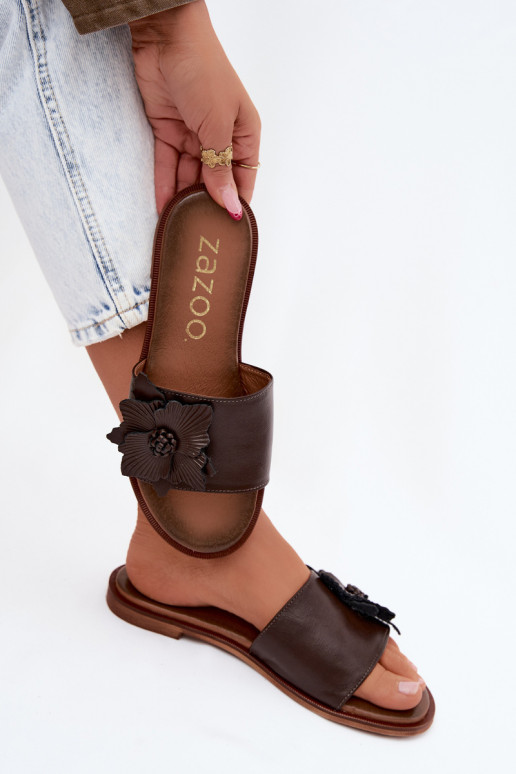 Lederpantoletten für Damen mit Ornamenten Zazoo 40477 in Schokoladenfarbe