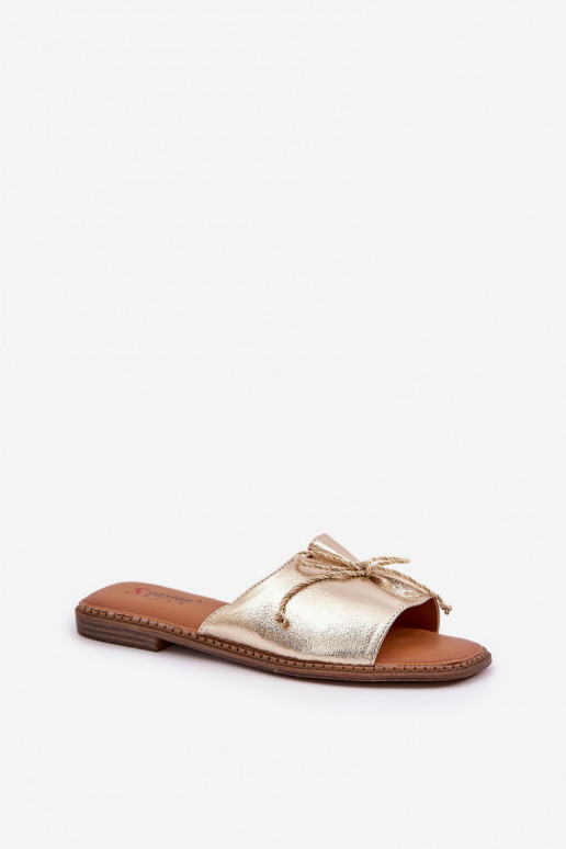 Goldene flache Slipper mit dekorativem Bogen Deonelis